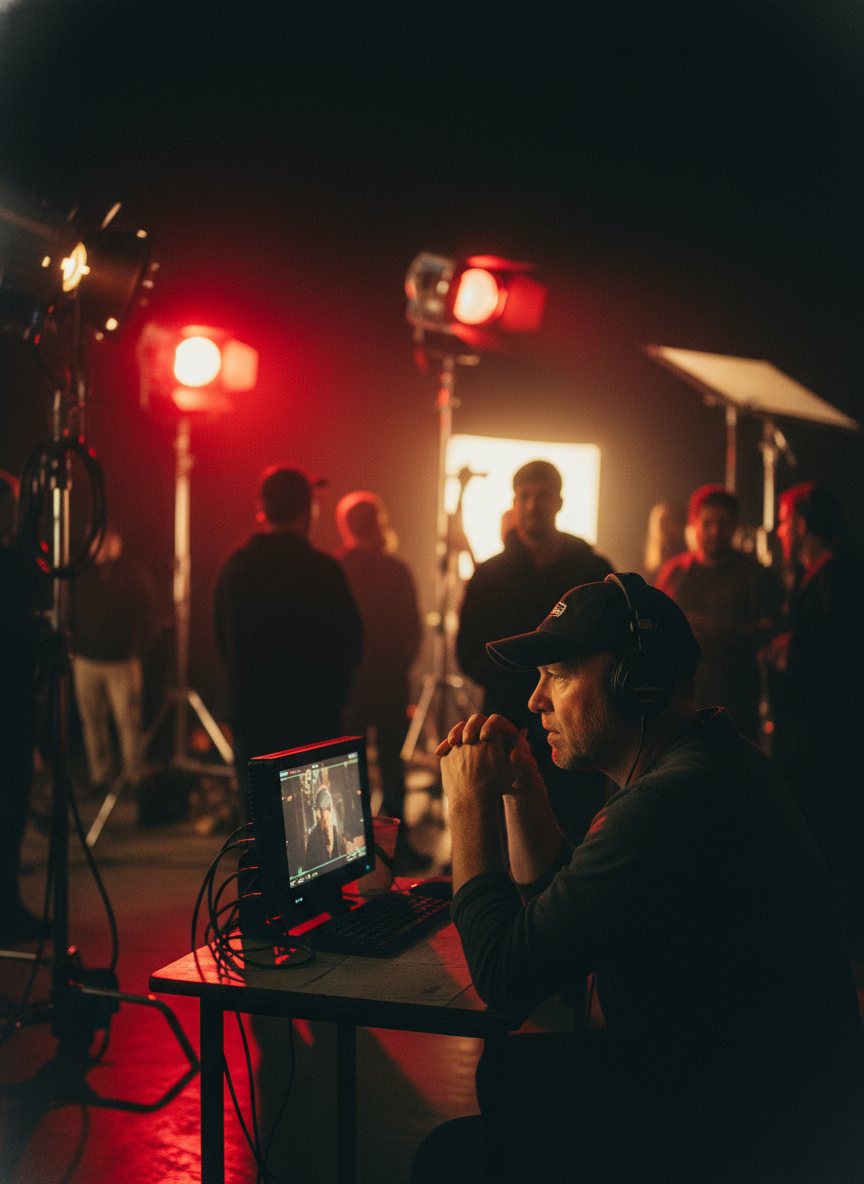 A mentor and student reviewing a take together at the monitor on set.