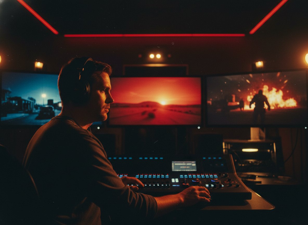 A filmmaker color-grading footage in a darkened editing suite lit by red and amber.