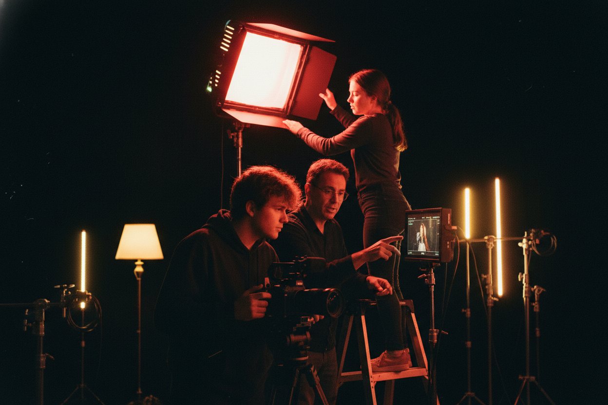 A small student crew collaborating on a lit set, learning hands-on from a mentor.